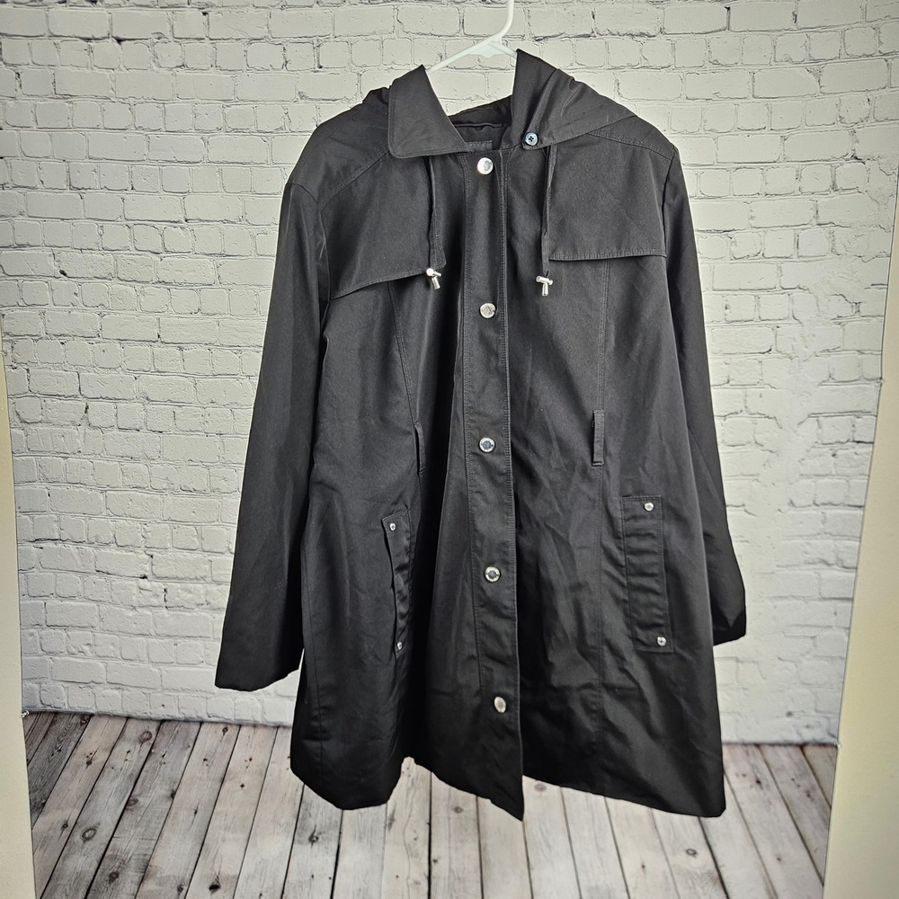 London Fog Black Hooded Rain Jacket Womens XXL 7722890B5C Button Front Coat